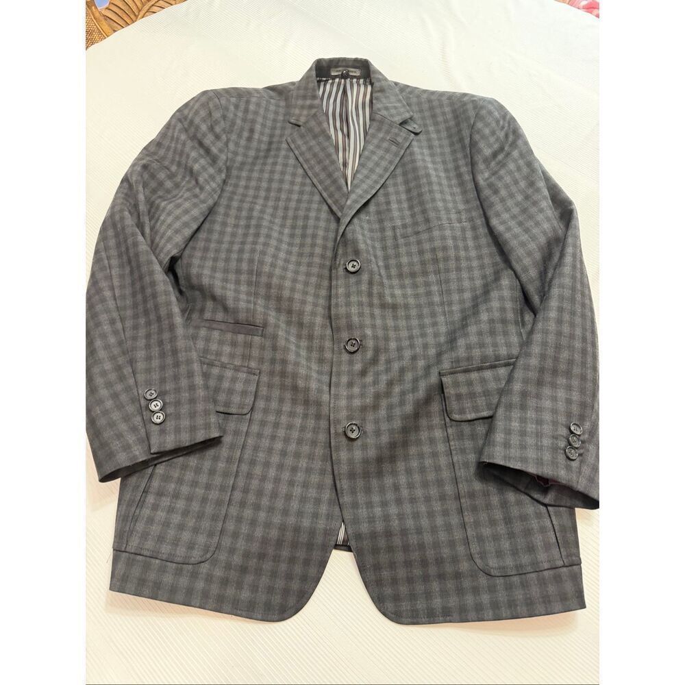 Johnston & Murphy Black Grey Plaid Wool Double Vent Sport Coat Blazer Size XL